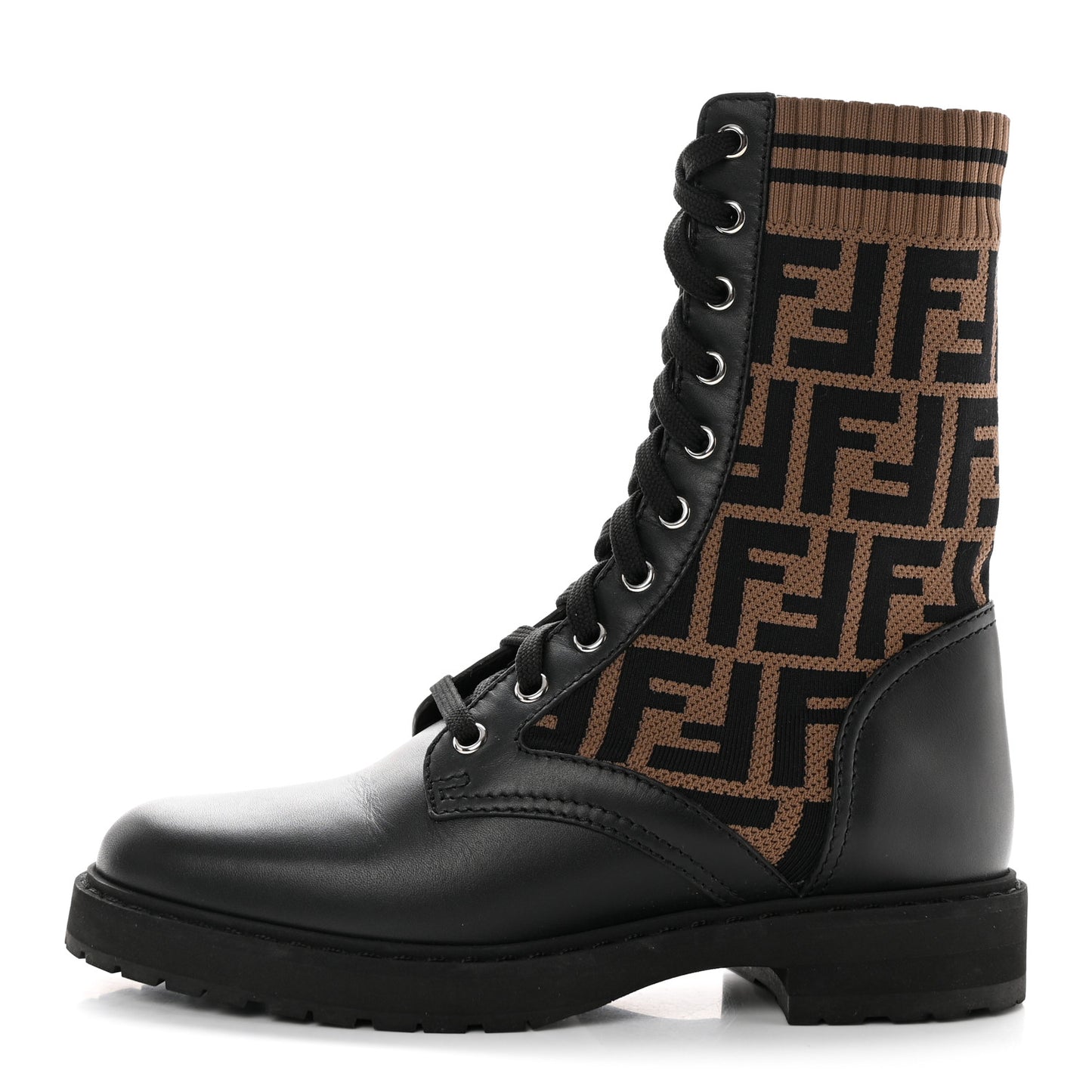 Calfskin Stretch Fabric FF Rockoko Biker Boots 36 Black Tobacco