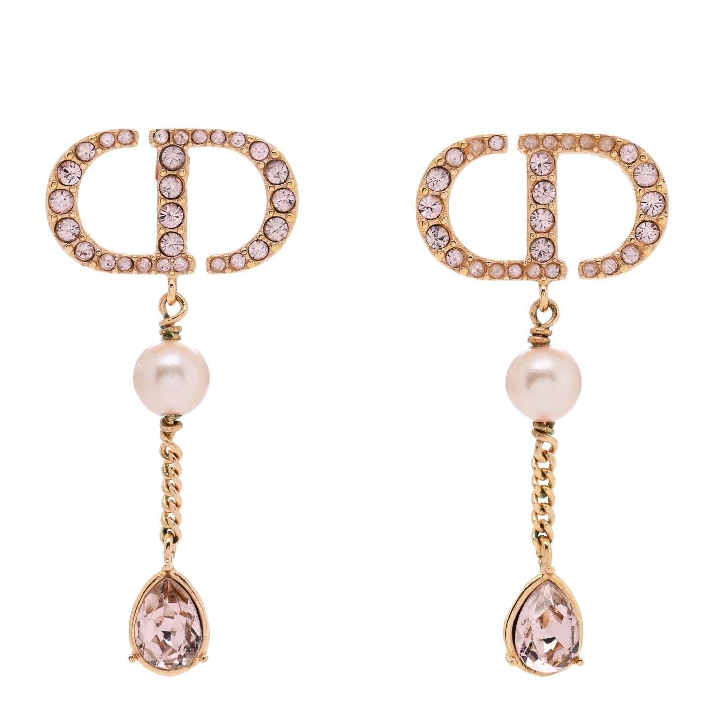 Pearl Crystal CD Drop Earrings Pink Gold