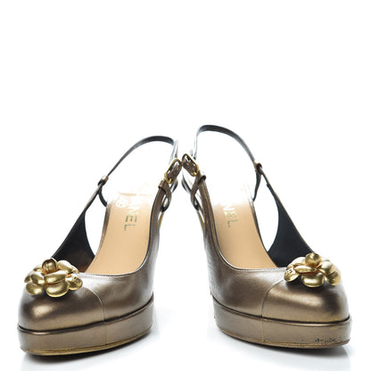 Chanel Lambskin Camellia Sling Back Pumps 39 Bronze 6 of 21