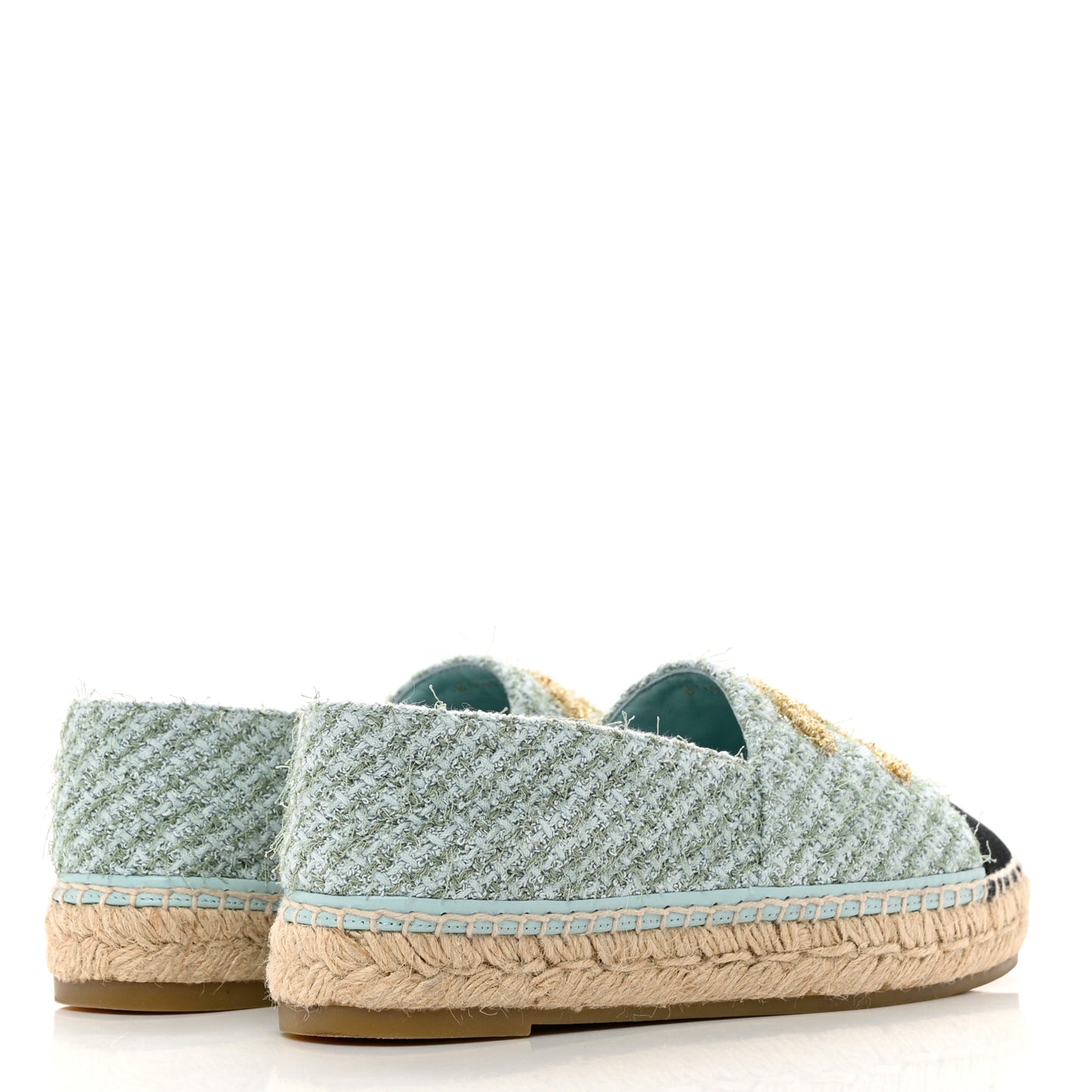 Tweed Grosgrain CC Espadrilles 37 Light Blue Green Black