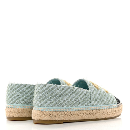 Chanel Tweed Grosgrain CC Espadrilles 37 Light Blue Green Black 3 of 9