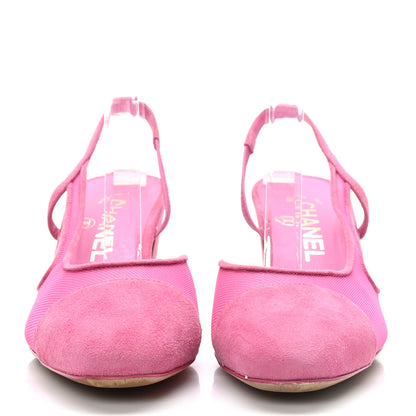 Chanel Mesh Suede Kidskin Cap Toe CC Slingback Pump 37 Pink 2 of 9