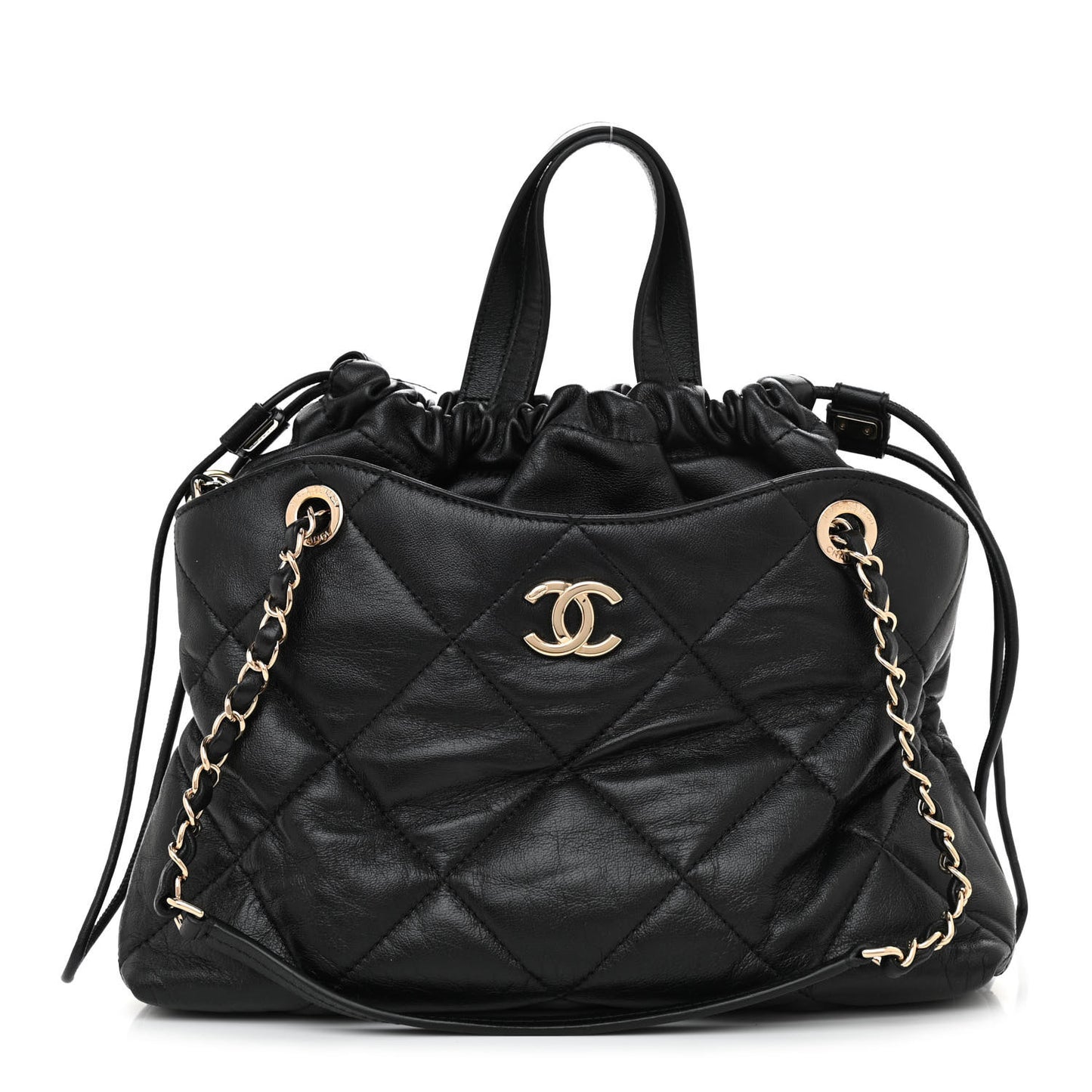 Lambskin Quilted Small Drawstring Shopping Bag Black