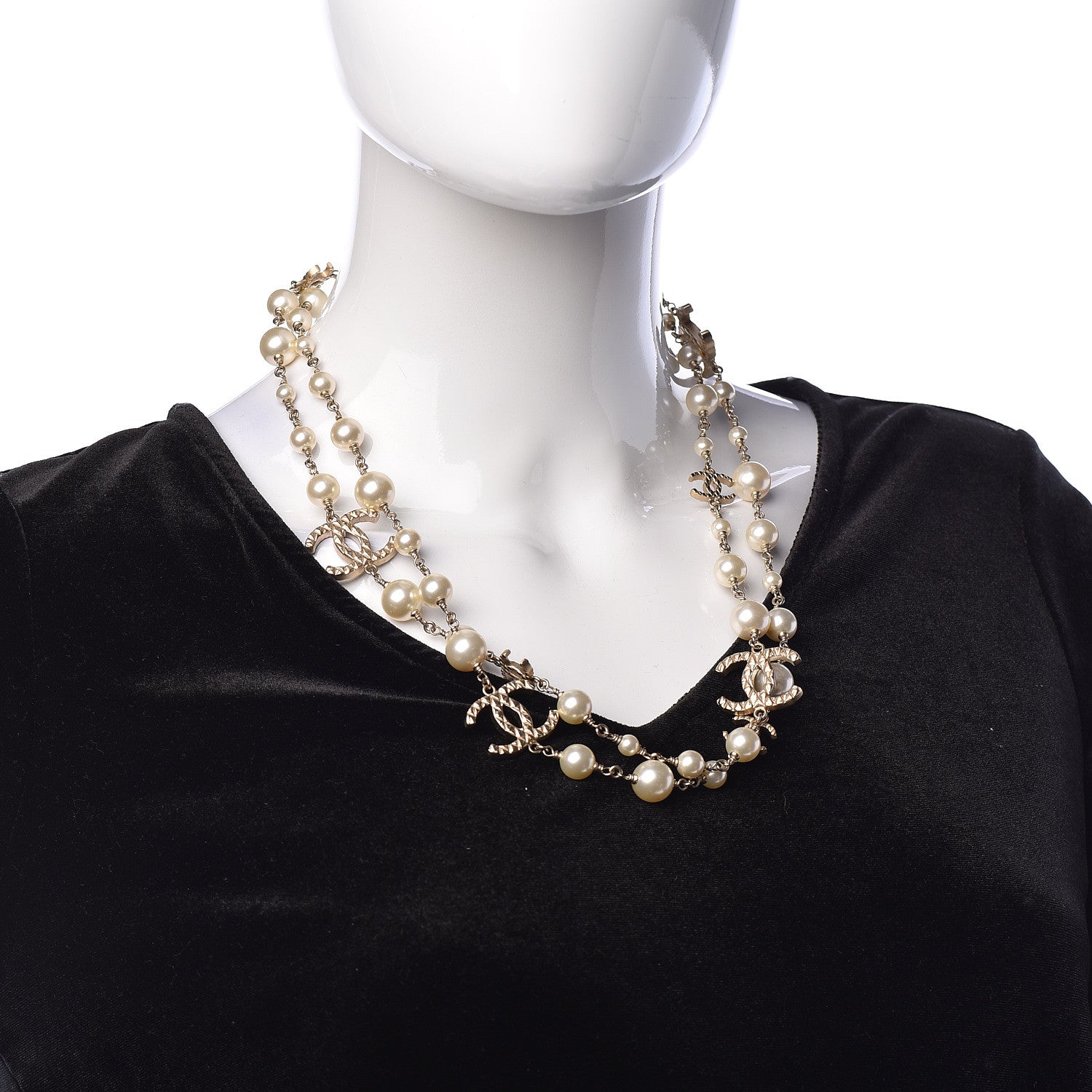 Chanel Pearl Bead Crystal CC Long Necklace Gold 2 of 5