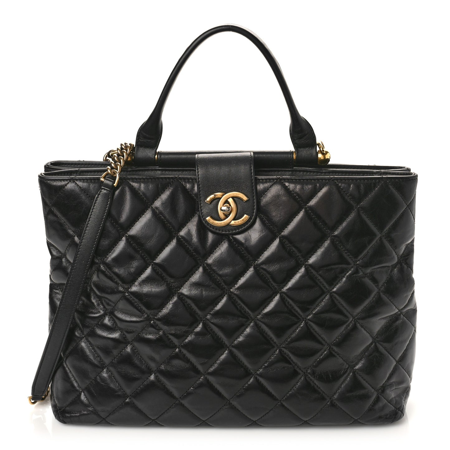 Glazed Calfskin Quilted Gold Bar Tote Black