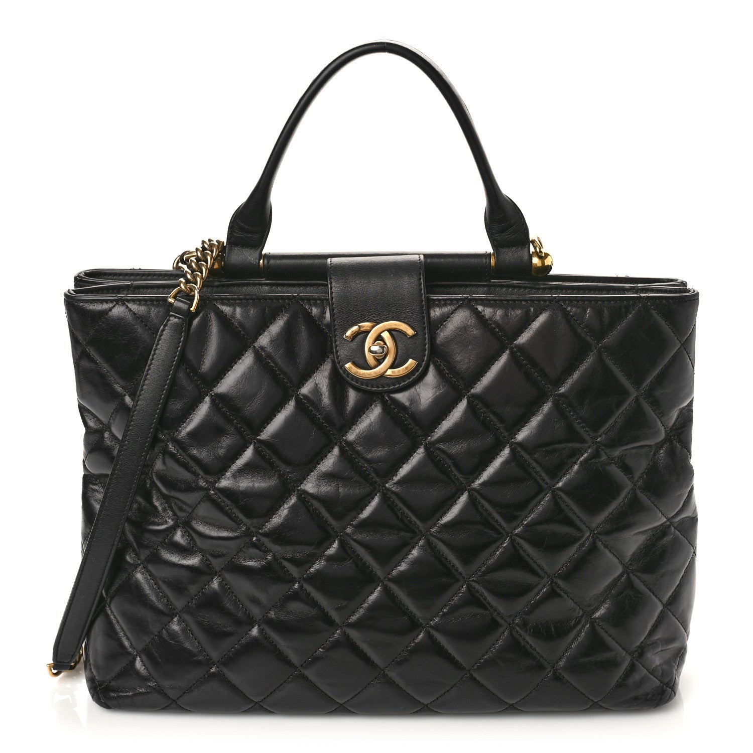 Chanel Glazed Calfskin Quilted Gold Bar Tote Black 1 of 10