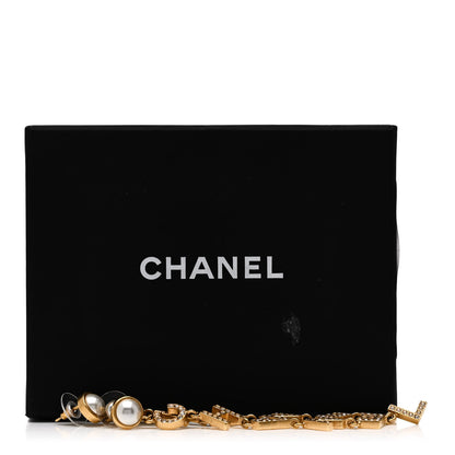 Chanel Crystal Pearl Logo Drop Earrings Gold 5 of 5