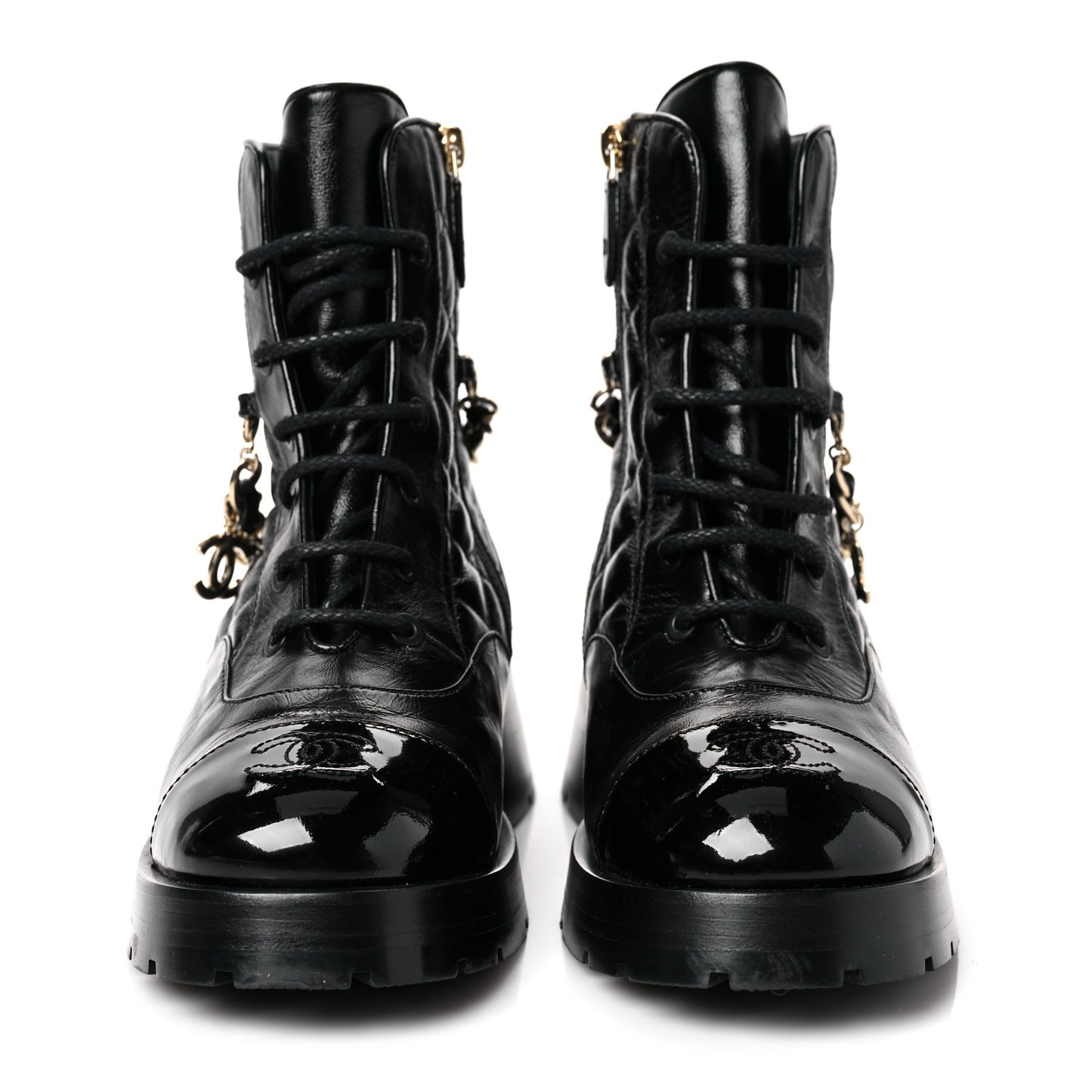 Shiny Calfskin Patent Quilted Chain Lace Up Combat Boots 37.5 Black