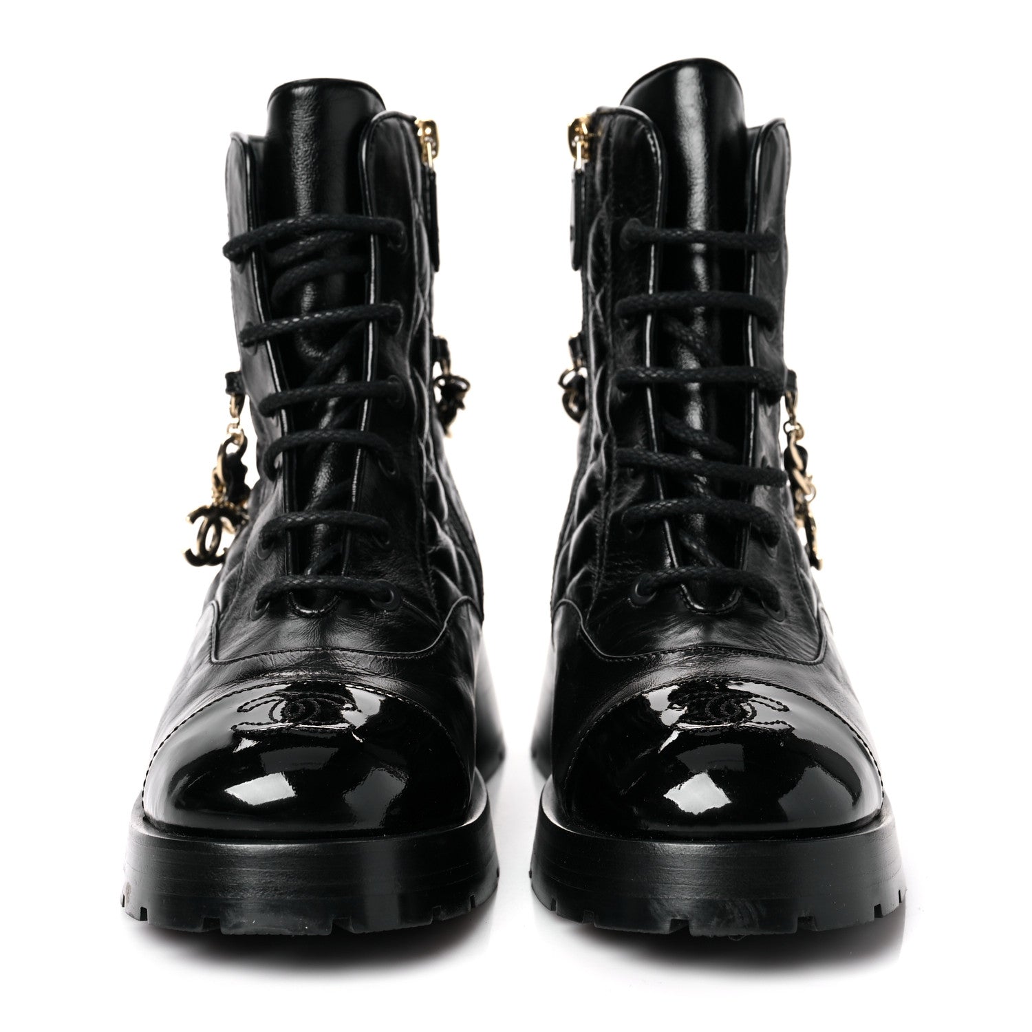 Chanel Shiny Calfskin Patent Quilted Chain Lace Up Combat Boots 37.5 Black 2 of 8