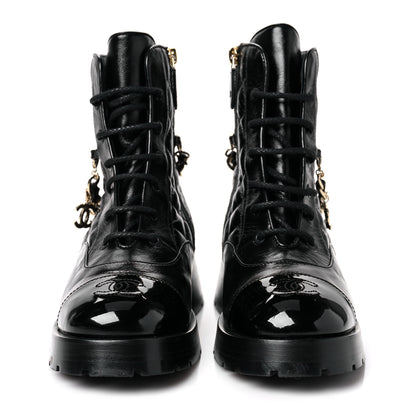 Chanel Shiny Calfskin Patent Quilted Chain Lace Up Combat Boots 37.5 Black 2 of 8