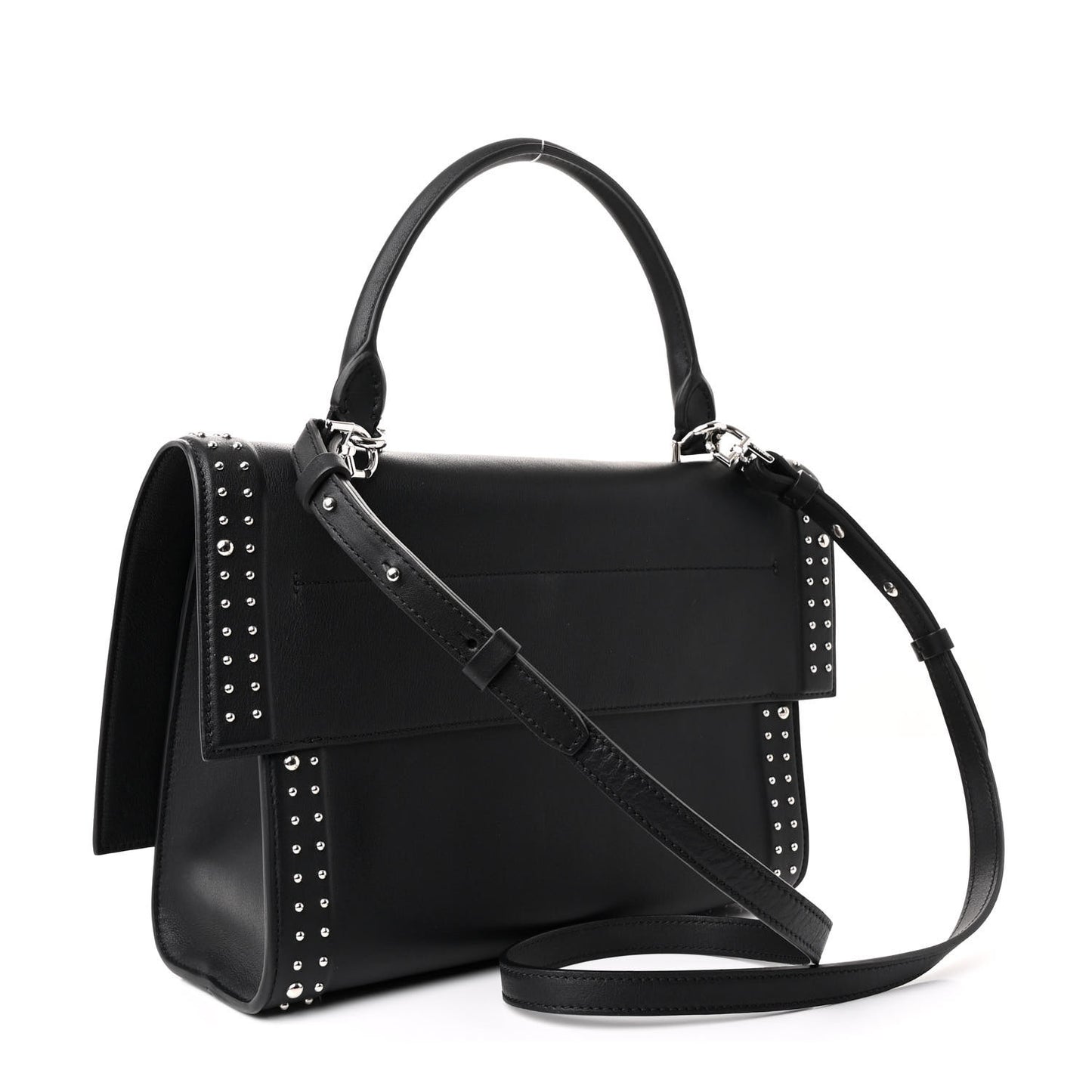 Grained Calfskin Studded Small Shark Lock Satchel Black