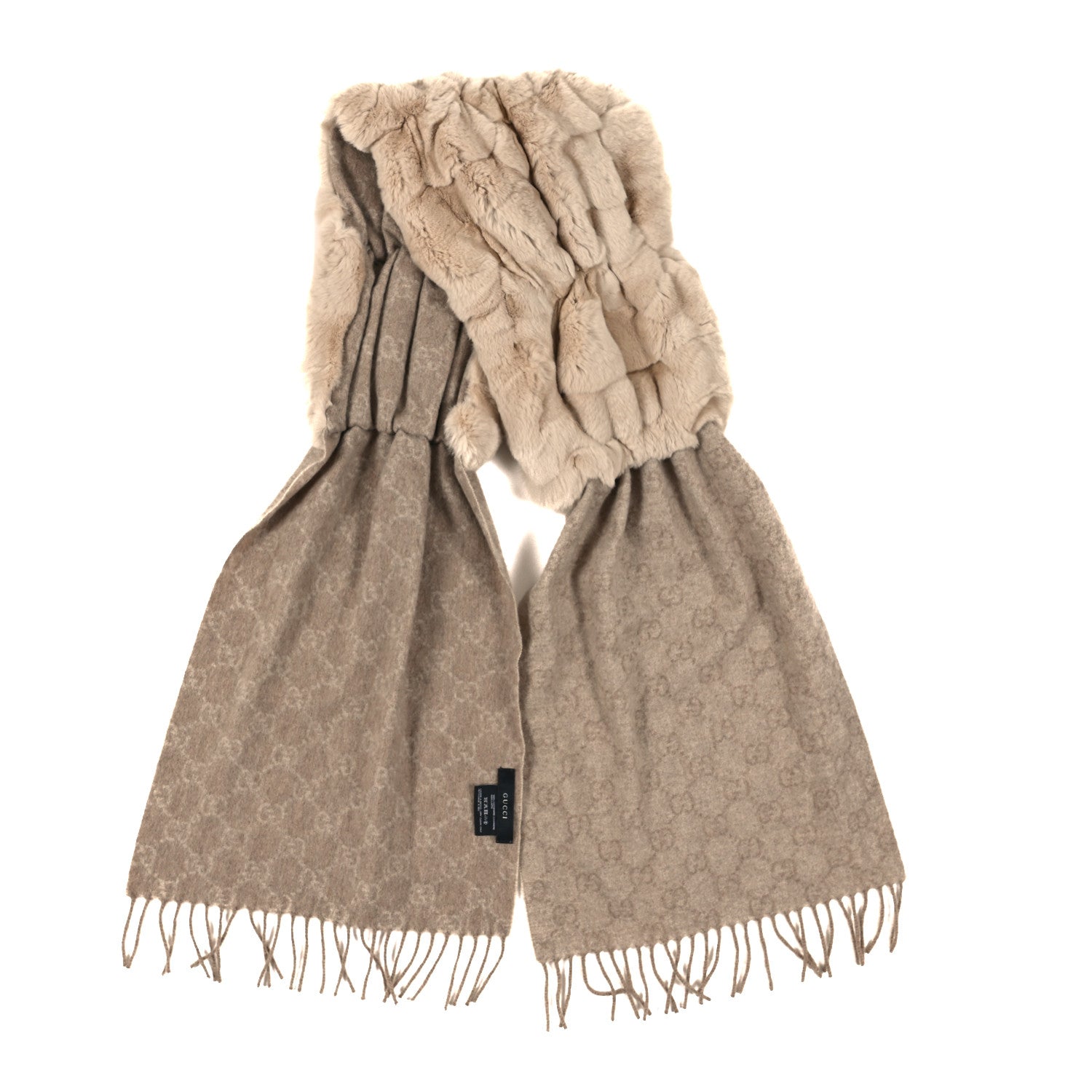 Gucci Cashmere Rabbit Fur Monogram Fringe Scarf Beige 2 of 3