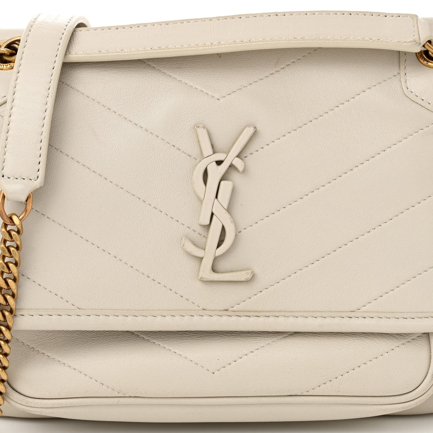 Crinkled Calfskin Matelasse Monogram Baby Niki Chain Satchel Ivory