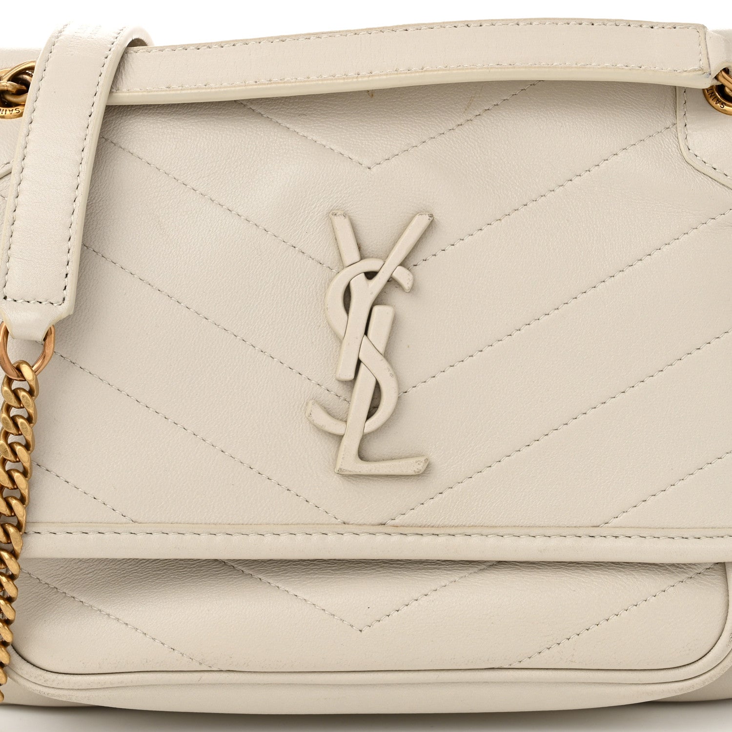 Saint Laurent Crinkled Calfskin Matelasse Monogram Baby Niki Chain Satchel Ivory 8 of 13