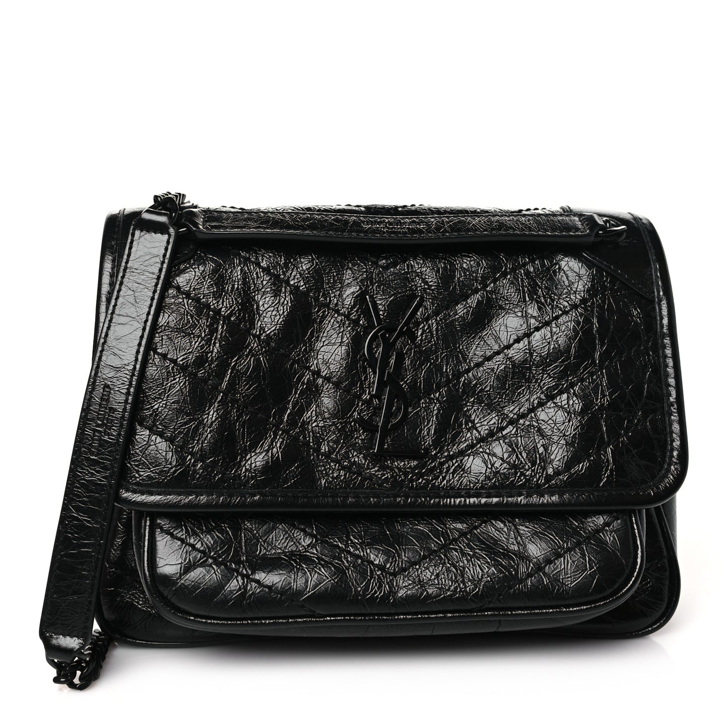 Crinkled Calfskin Matelasse Monogram Baby Niki Chain Satchel Black