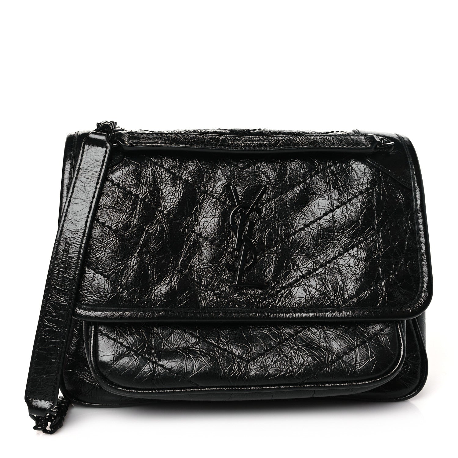 Saint Laurent Crinkled Calfskin Matelasse Monogram Baby Niki Chain Satchel Black 1 of 10