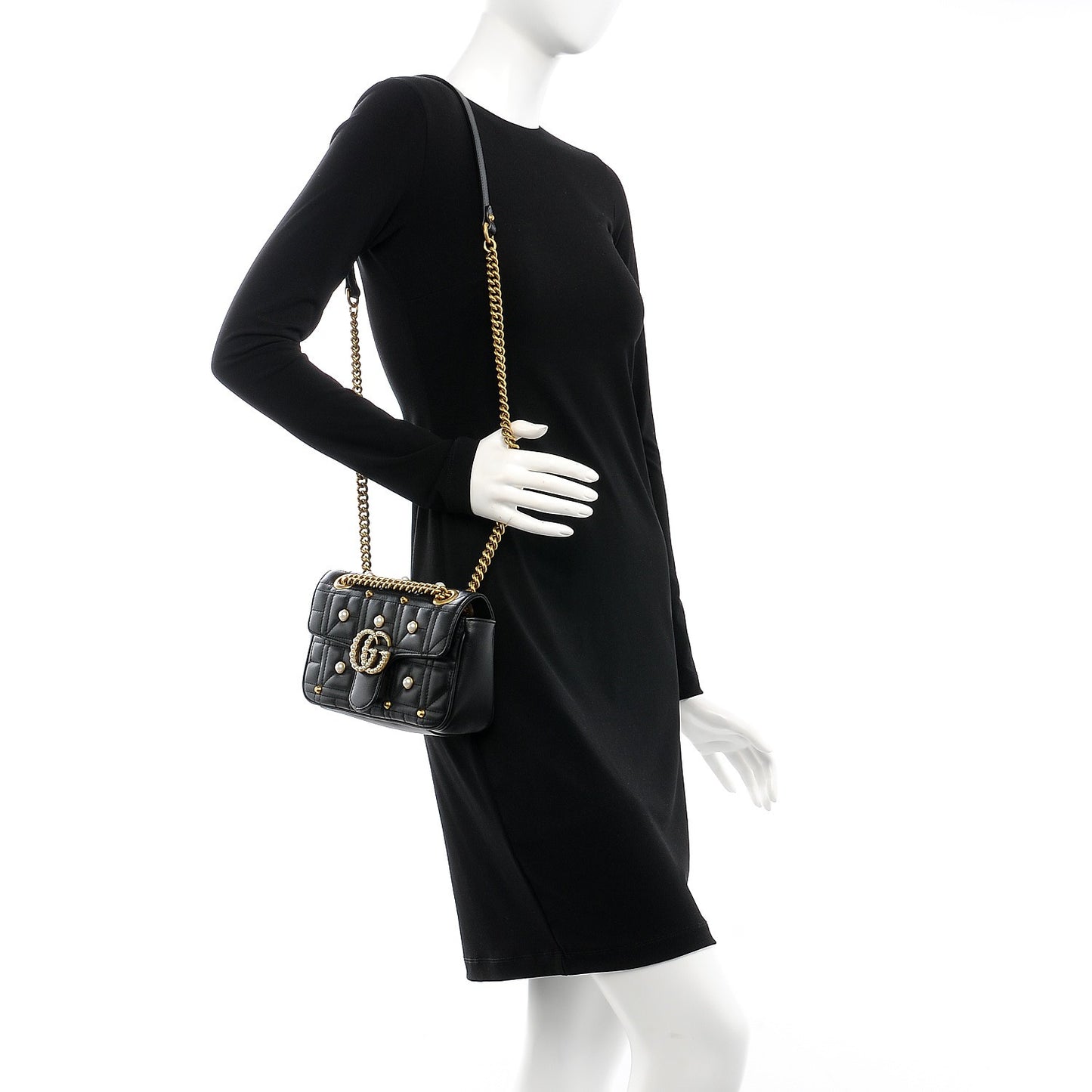 Calfskin Matelasse Studded Mini Pearly GG Marmont Shoulder Bag Black