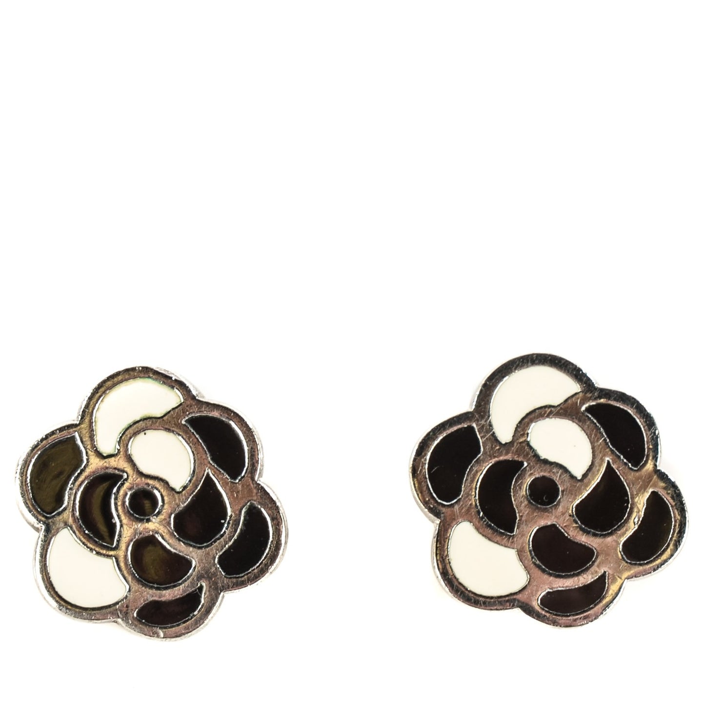 Enamel Camellia Clip On Earrings Black Beige