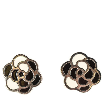 Chanel Enamel Camellia Clip On Earrings Black Beige 1 of 4