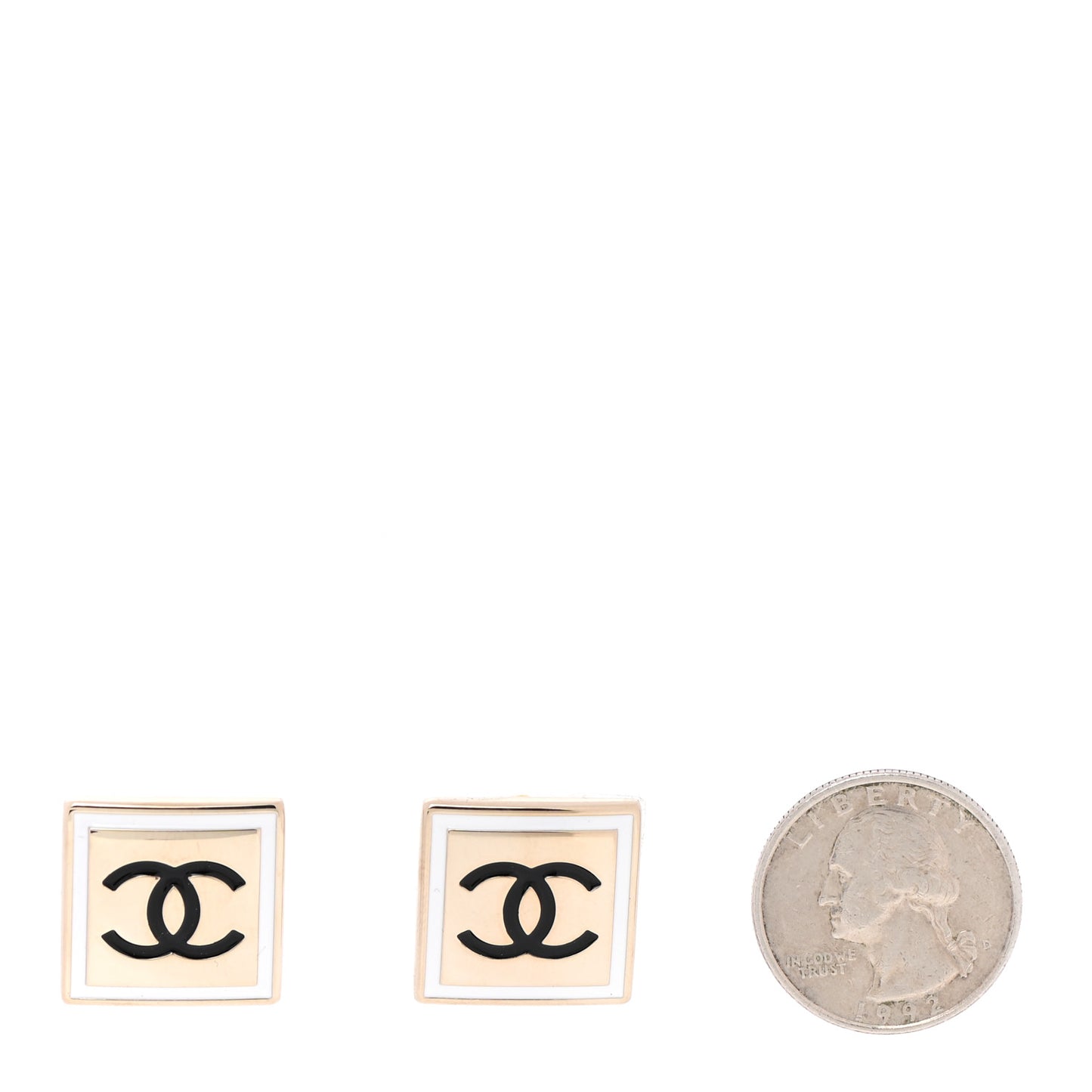 Metal Enamel CC Square Earrings Gold Black White
