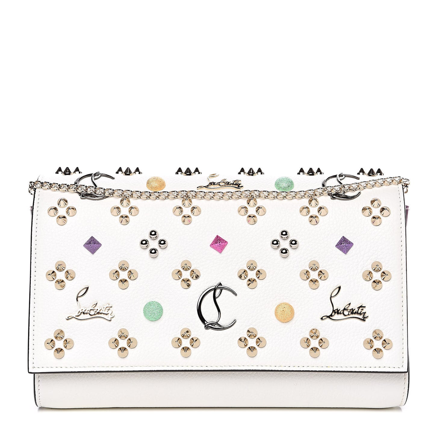 Grained Calfskin Spikes Loubinthesky Paloma Wallet On Chain White