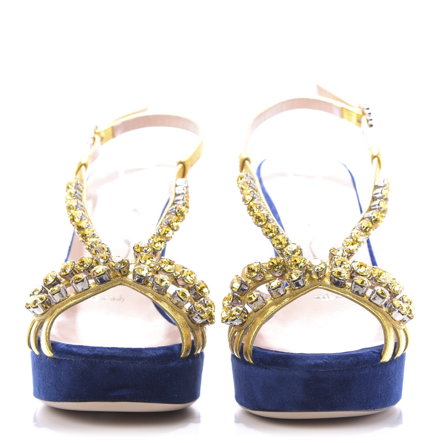 Velvet Nappa Crystal Zephyra Slingback Platform High Heel Sandals 35.5 Blue Gold