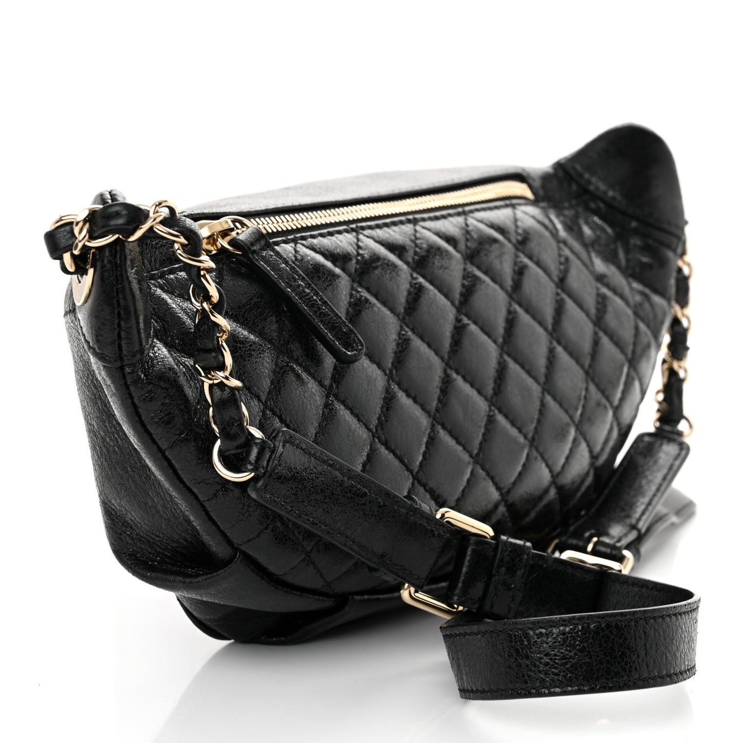 Crumpled Glazed Lambskin Quilted Waist Bag Fanny Pack Black