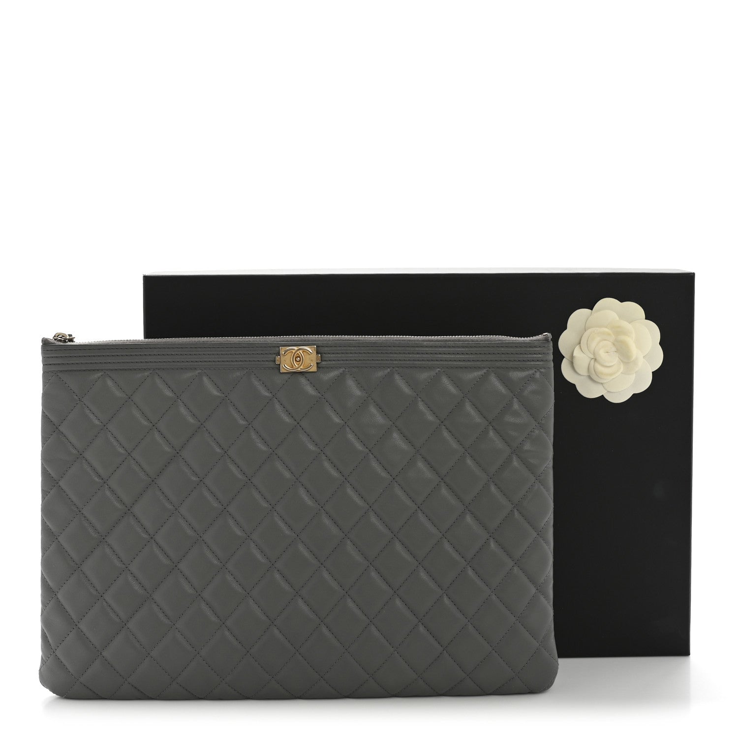 Chanel Lambskin Quilted Large Boy Zip Pouch Grey 10 of 10