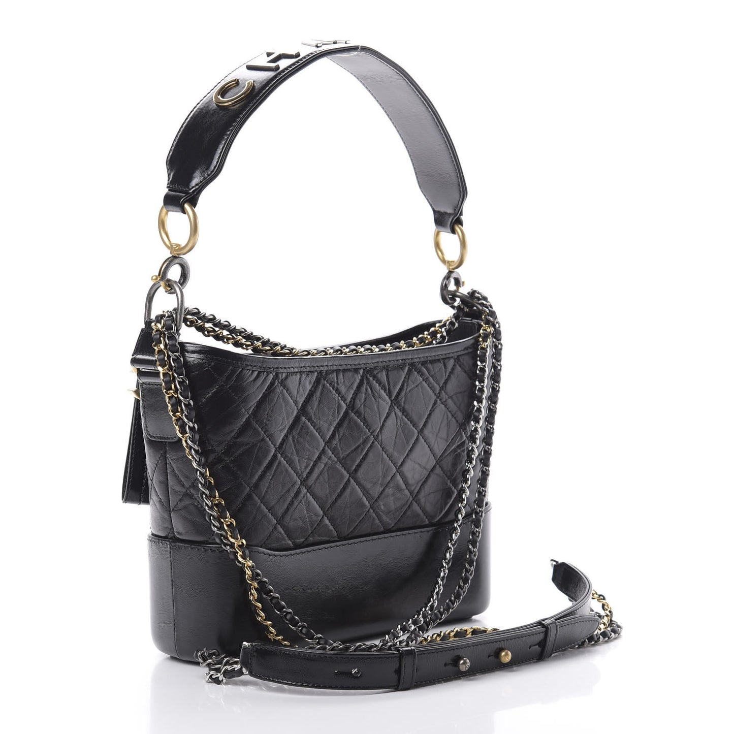 Aged Smooth Calfskin Quilted Medium Gabrielle Logo Hobo Black