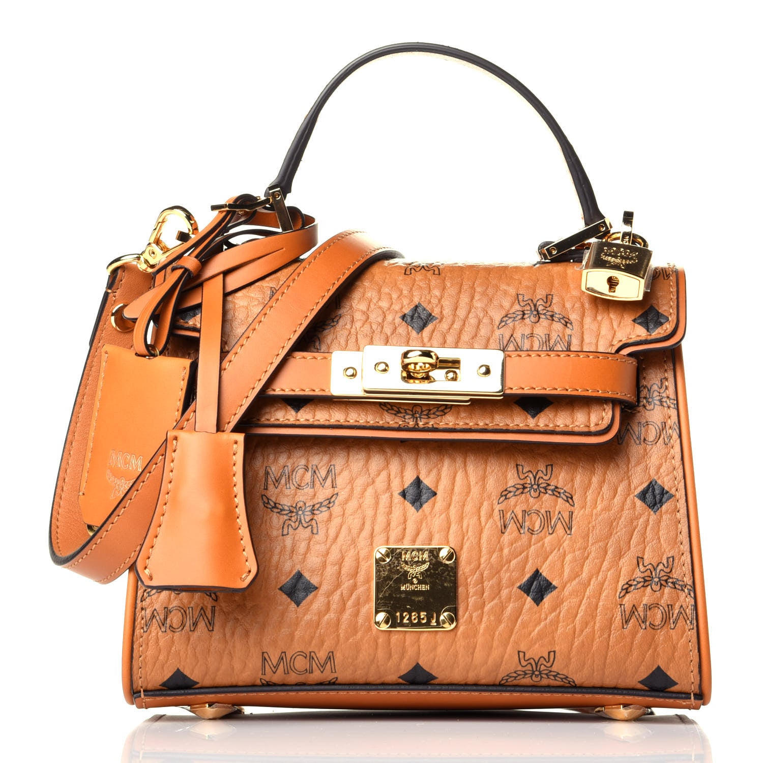 MCM Visetos X-Mini Heritage Top Handle Satchel Cognac 743657