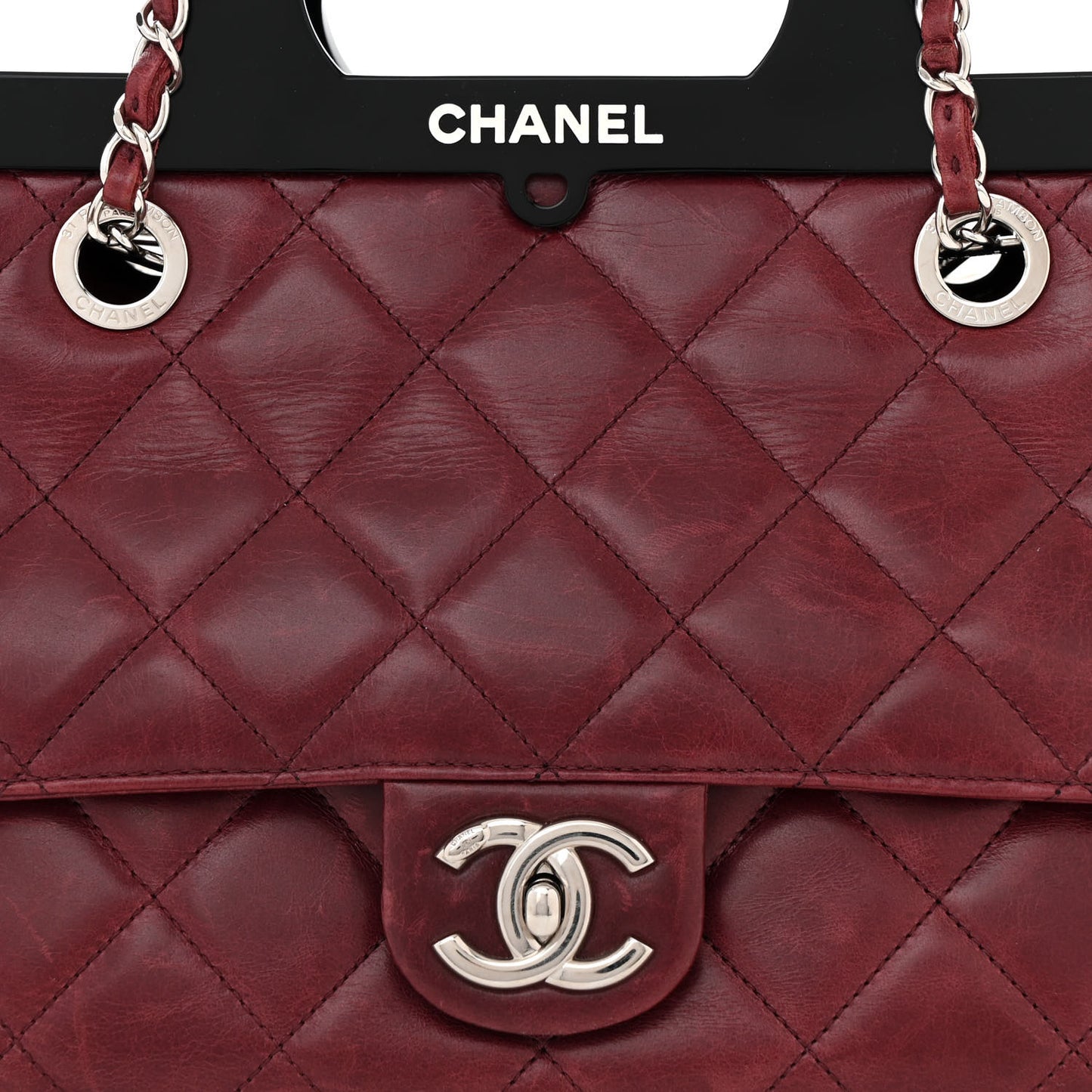 Glazed Calfskin Quilted Small CC Delivery Tote Burgundy