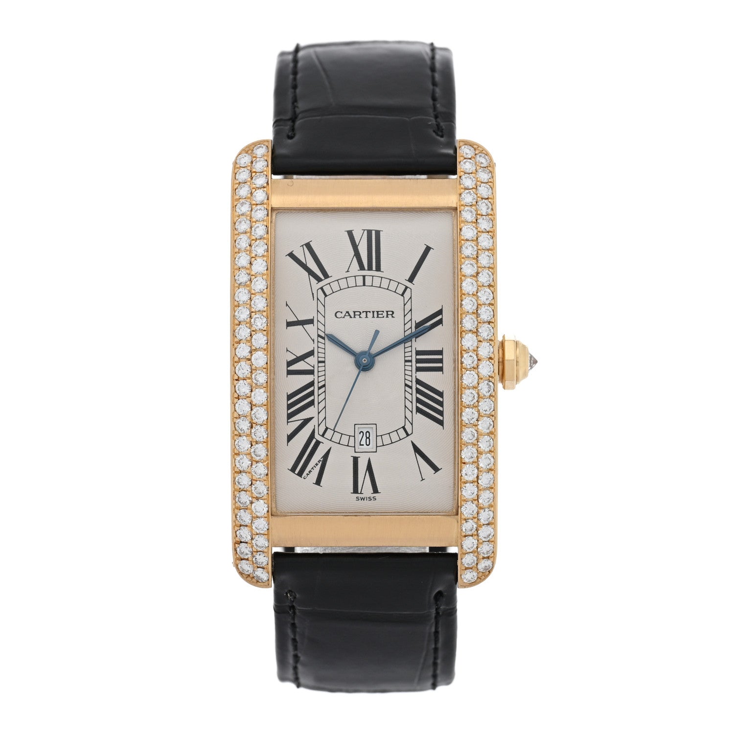 Cartier 18K Yellow Gold Alligator Diamond Bezel 26mm Tank Americaine Automatic Watch 1 of 5