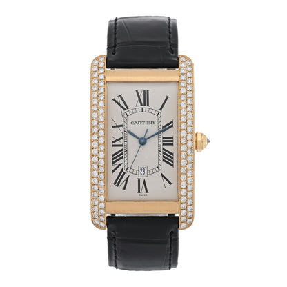Cartier 18K Yellow Gold Alligator Diamond Bezel 26mm Tank Americaine Automatic Watch 1 of 5