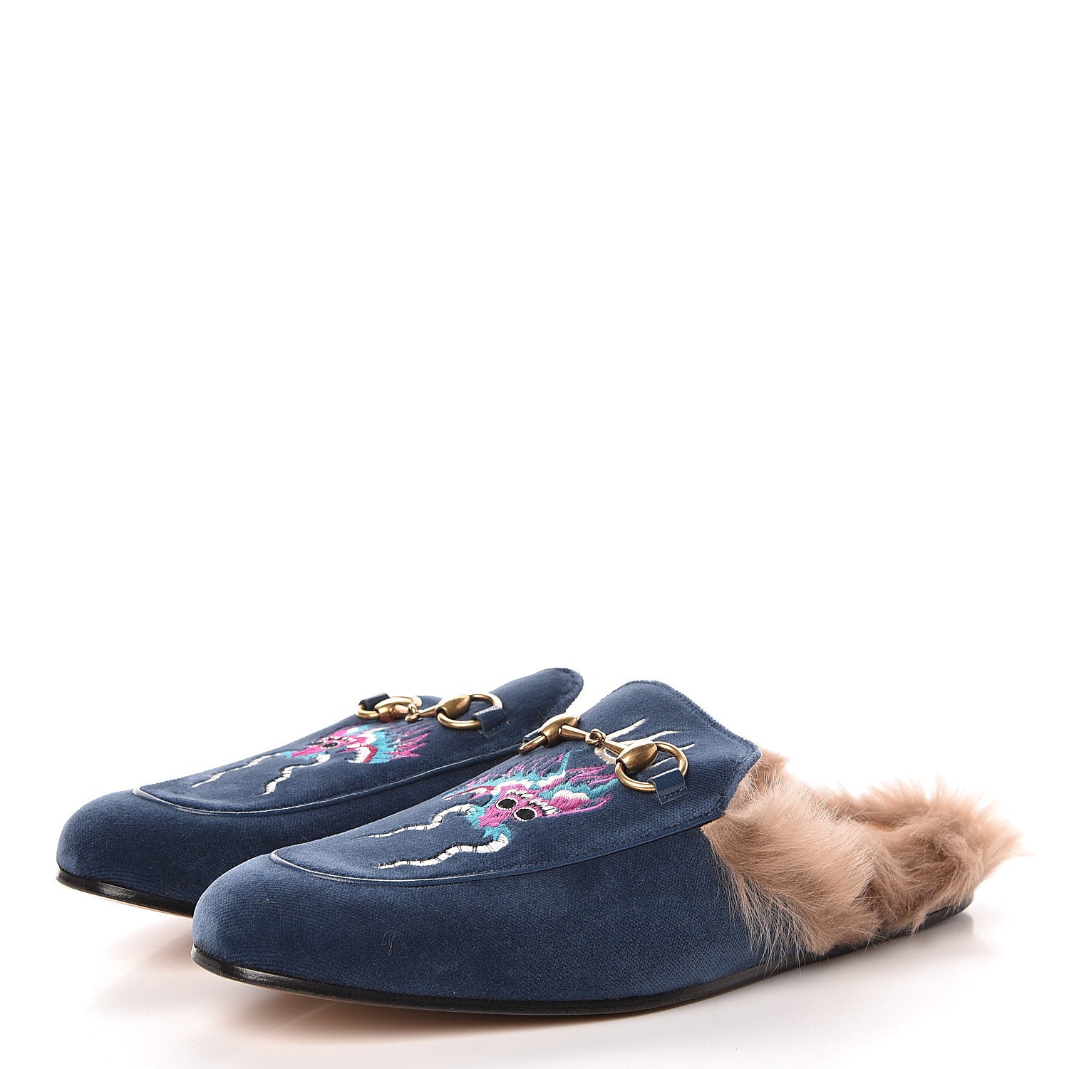 Gucci Velvet Fur Dragon Embroidered Mens Princetown Slippers 8 Zaffre Dark Zaffre 3 of 11
