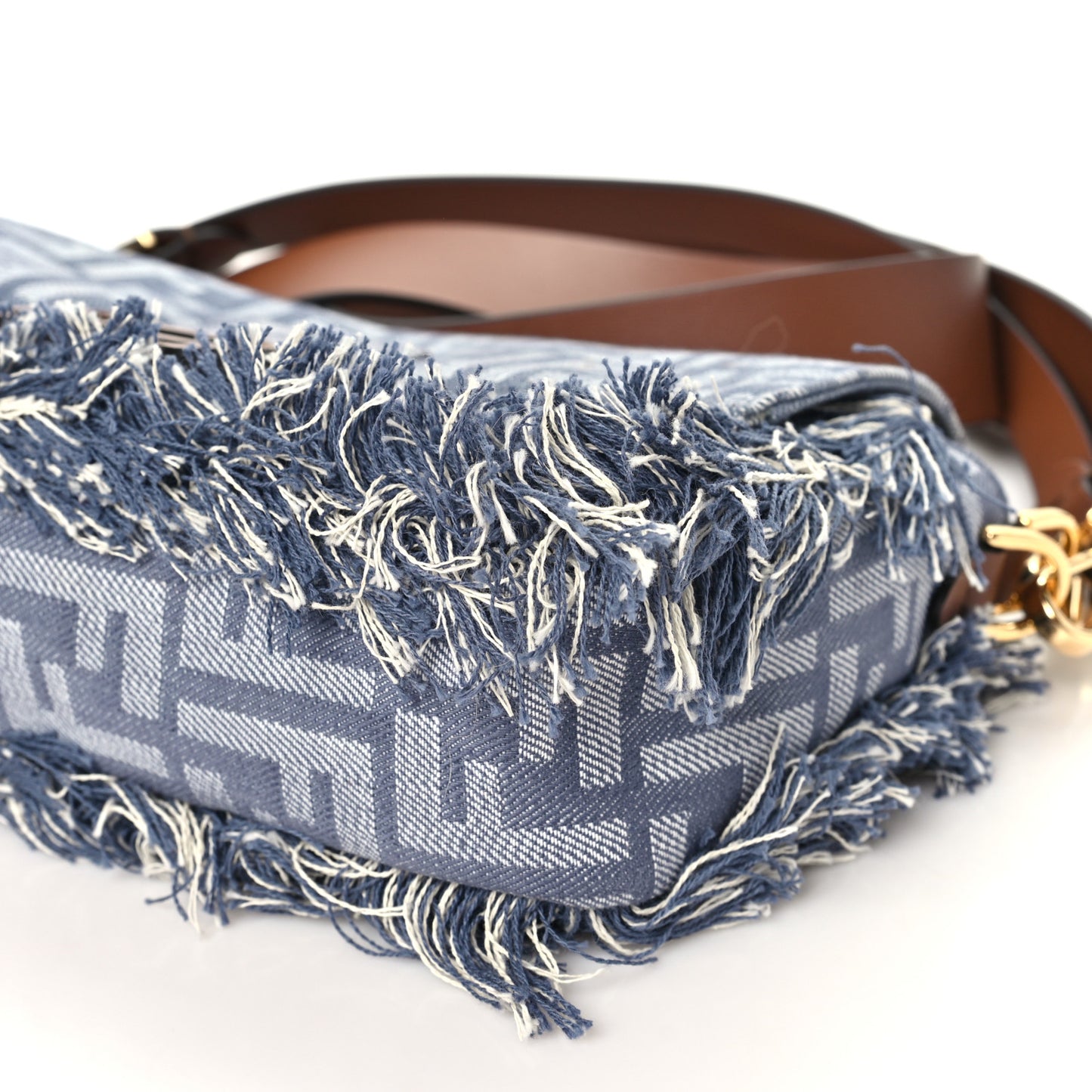 Denim Vitello Fringe FF Embroidered Baguette Myrtle Dark Nut