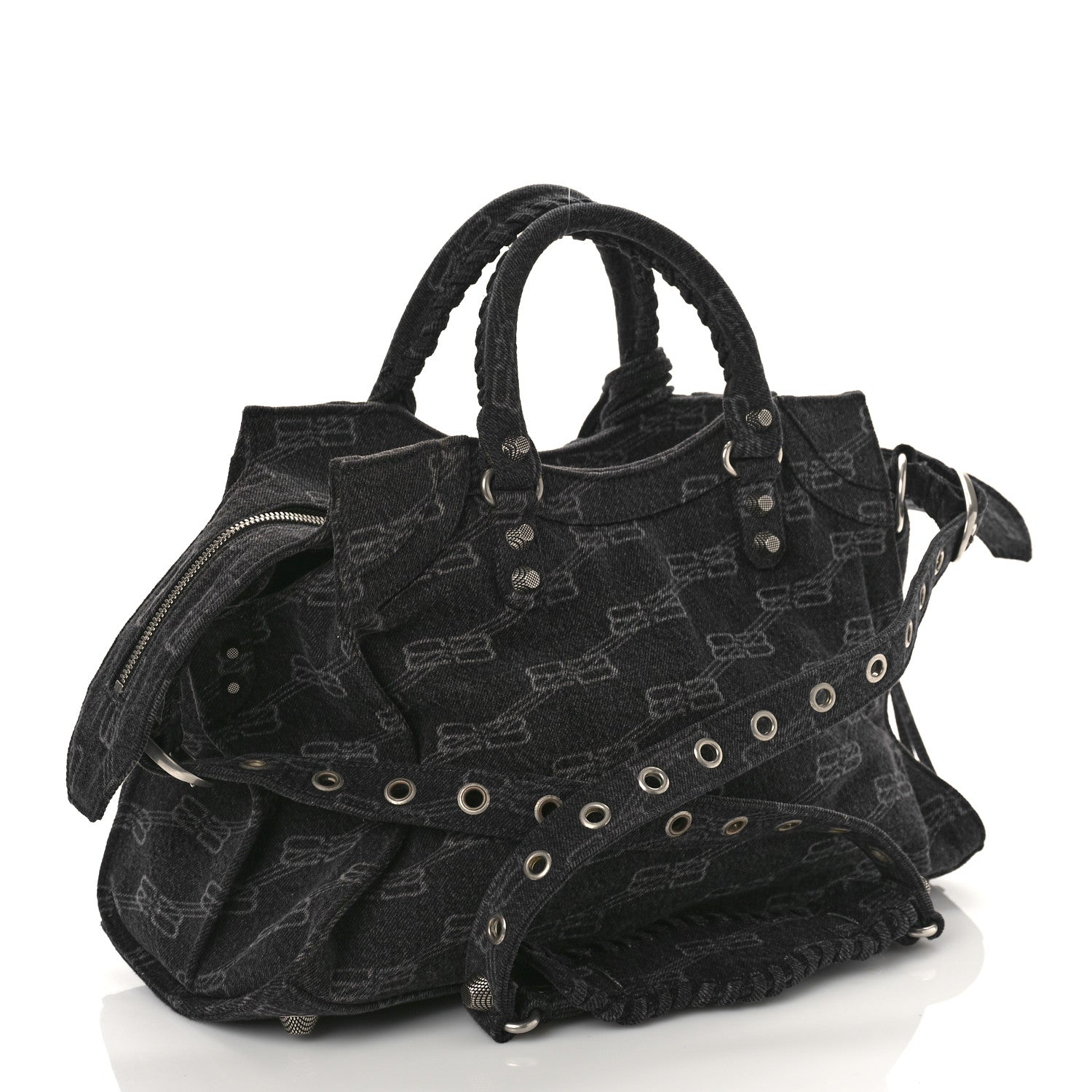 Balenciaga Washed Denim BB Monogram Neo Cagole City Handbag Black 3 of 8