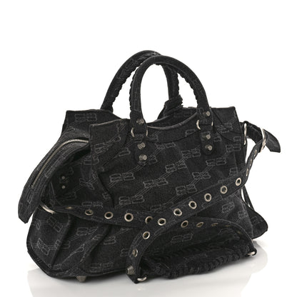 Balenciaga Washed Denim BB Monogram Neo Cagole City Handbag Black 3 of 8