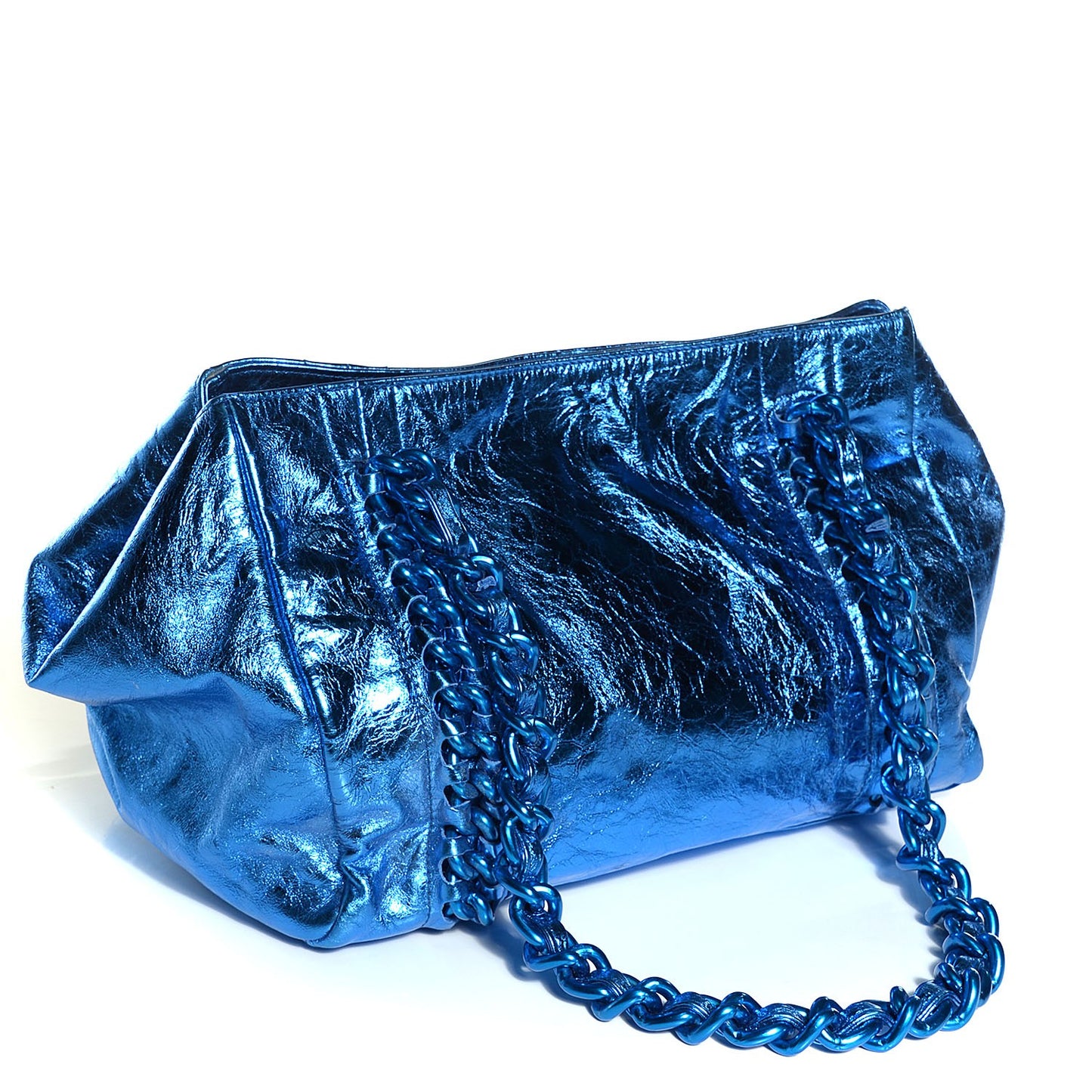 Metallic Calfskin Small Modern Chain Tote Blue