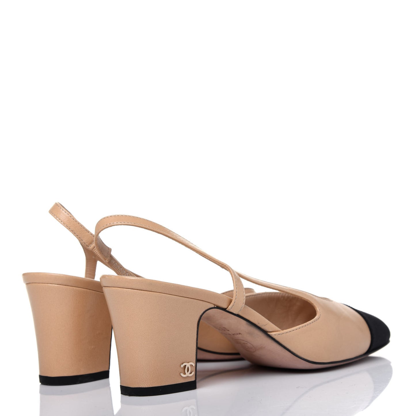 Goatskin Grosgrain Cap Toe CC Slingback Pumps 36.5 Beige Black