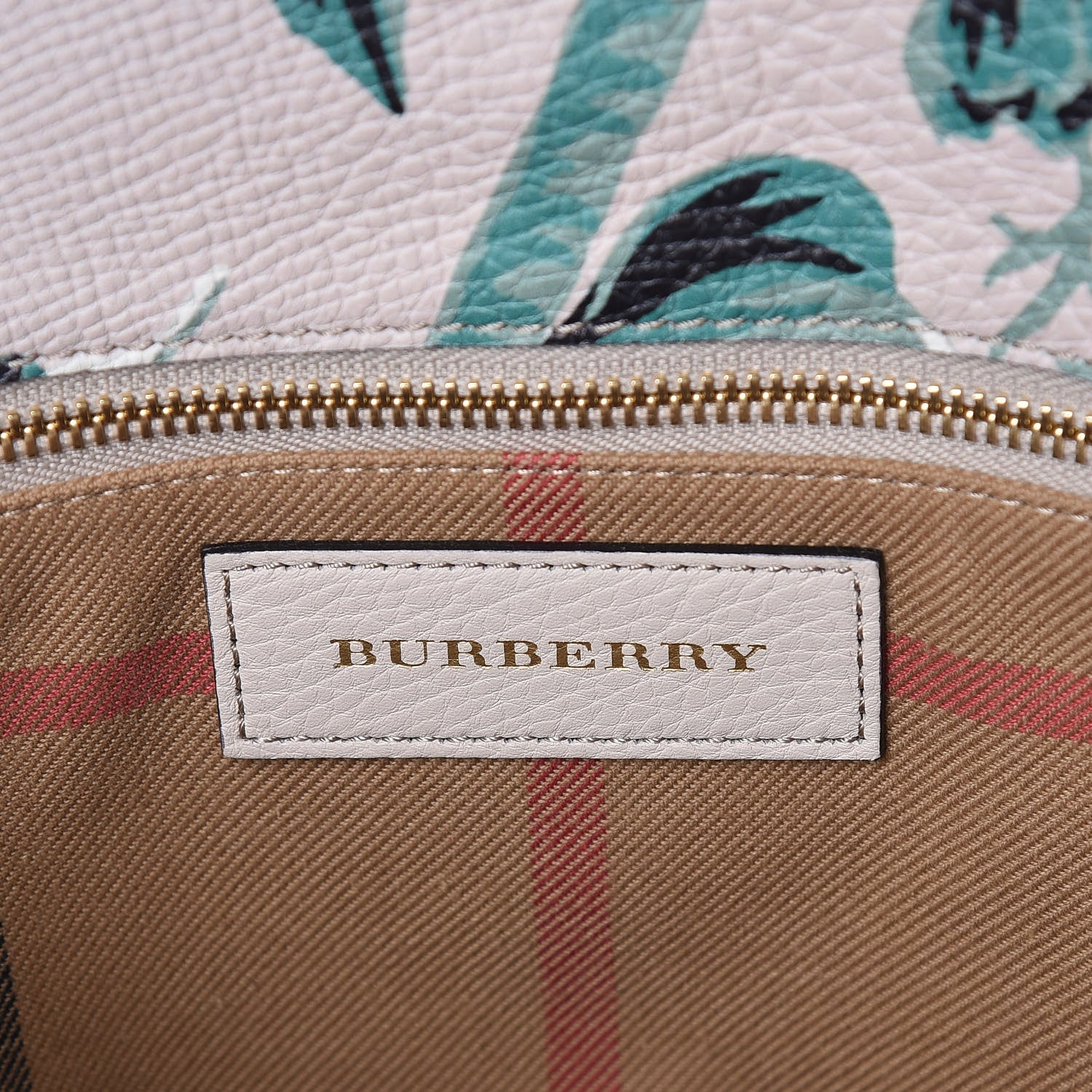 Burberry Soft Grain Calfskin Floral Print Medium Buckle Tote Natural Emerald Green 6 of 11