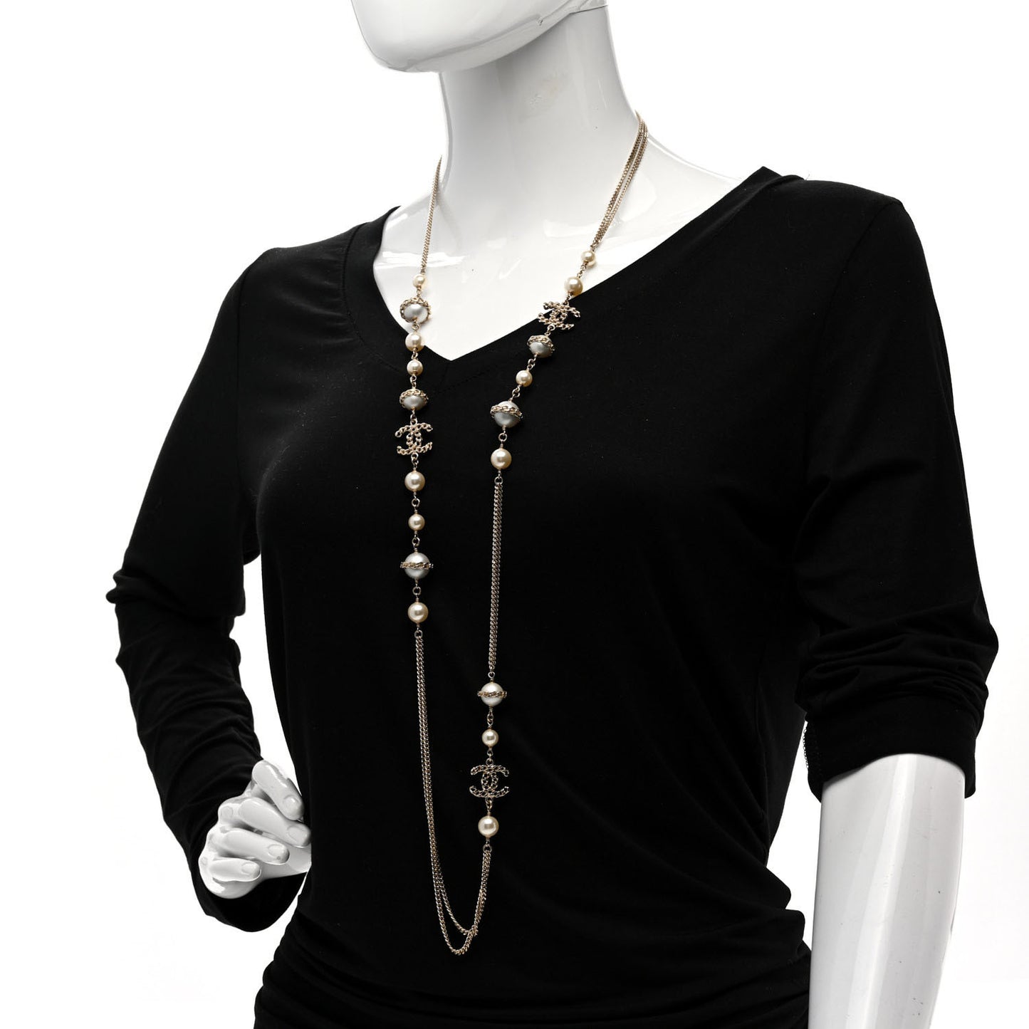 Pearl Chain CC Multi Strand Necklace Gold
