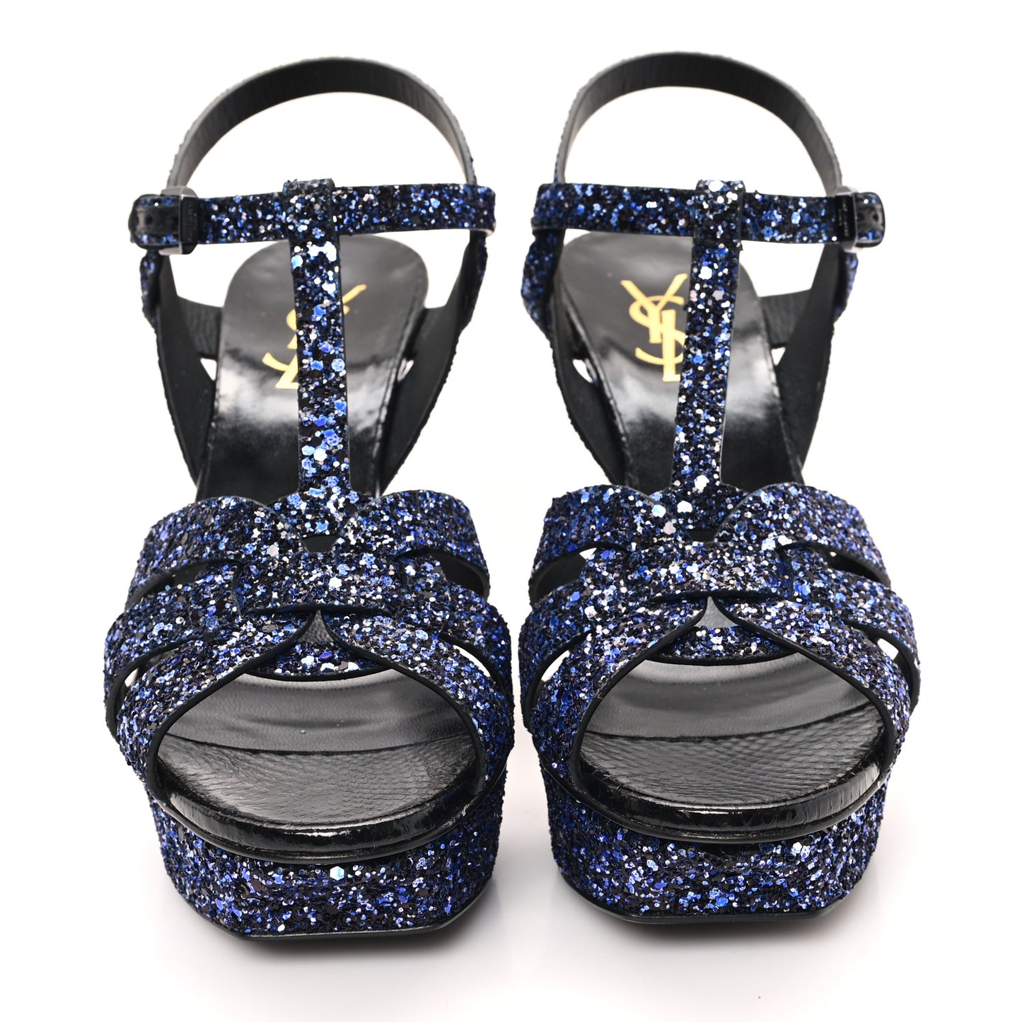 Glitter Calfskin Ayers Tribute 75 Platform Sandals 38 Midnight Black Blue Royal