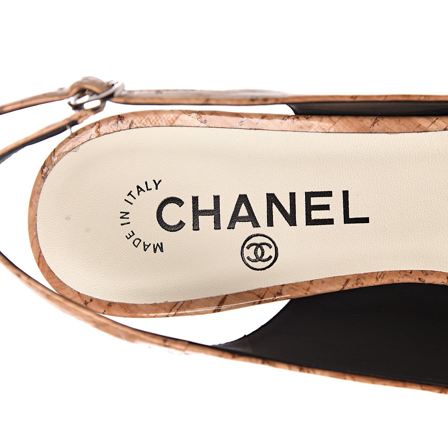 Chanel Patent Cork Cap Toe CC Slingbacks 38 Beige 6 of 13