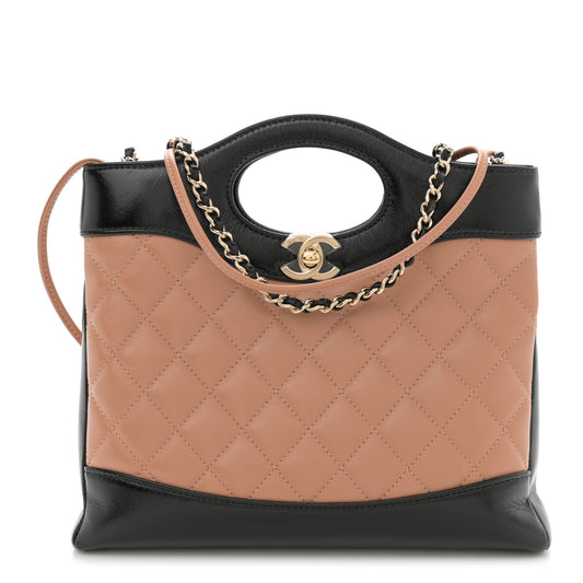 Shiny Crumpled Calfskin Quilted Mini 31 Shopping Bag Dark Beige Black