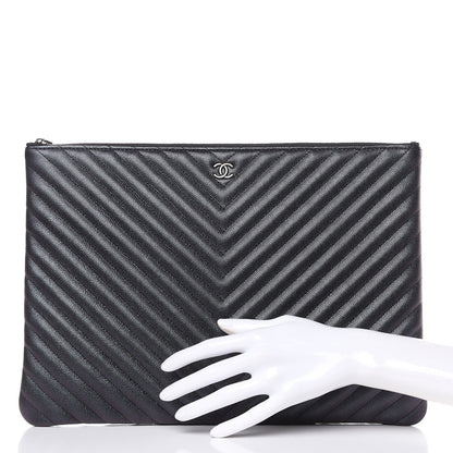 Chanel Iridescent Caviar Chevron Quilted Large Cosmetic Case Black 2 of 10
