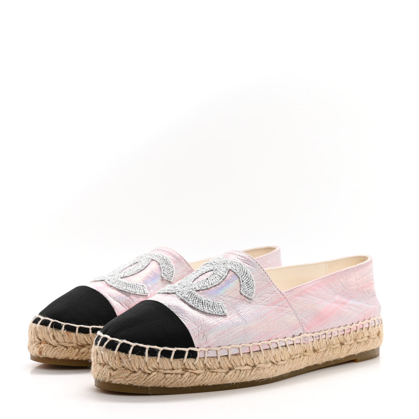 Laminated Lambskin Grosgrain Embroidered CC Espadrilles 37 Pink Silver Black