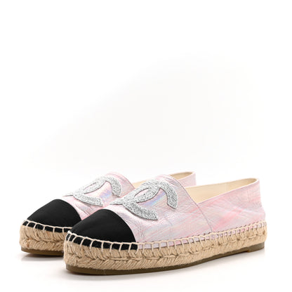 Chanel Laminated Lambskin Grosgrain Embroidered CC Espadrilles 37 Pink Silver Black 3 of 10