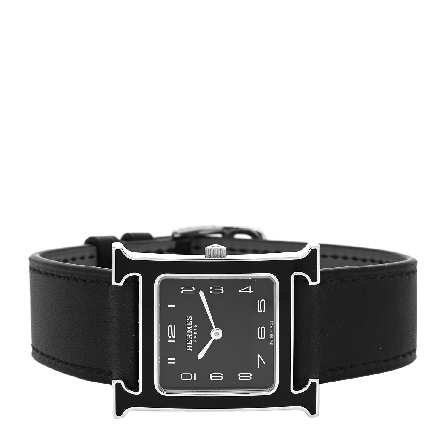 Hermes Stainless Steel Barenia Lacquer 26mm Heure H Hour Quartz Watch Noir 2 of 5