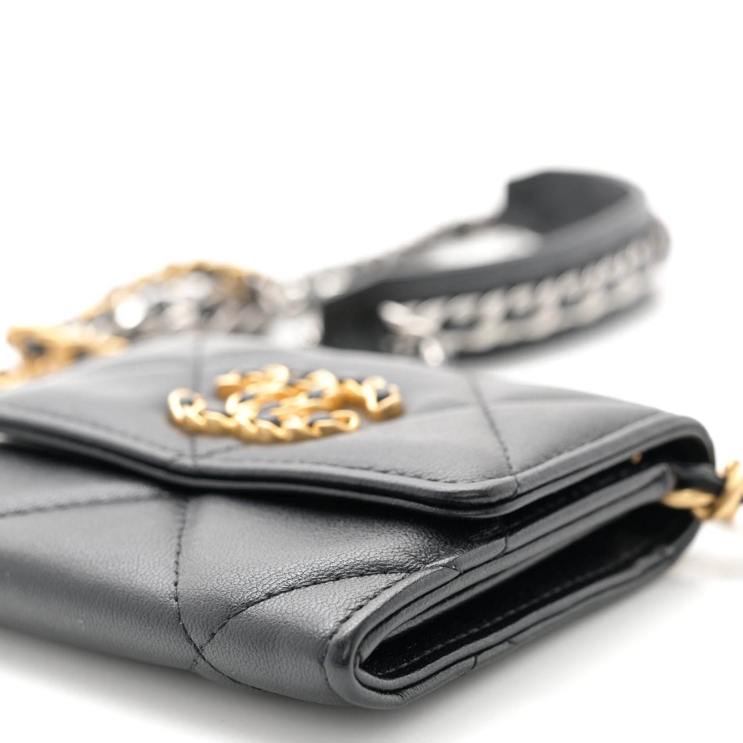 Lambskin Quilted Chanel 19 Flap Coin Purse With Chain Black