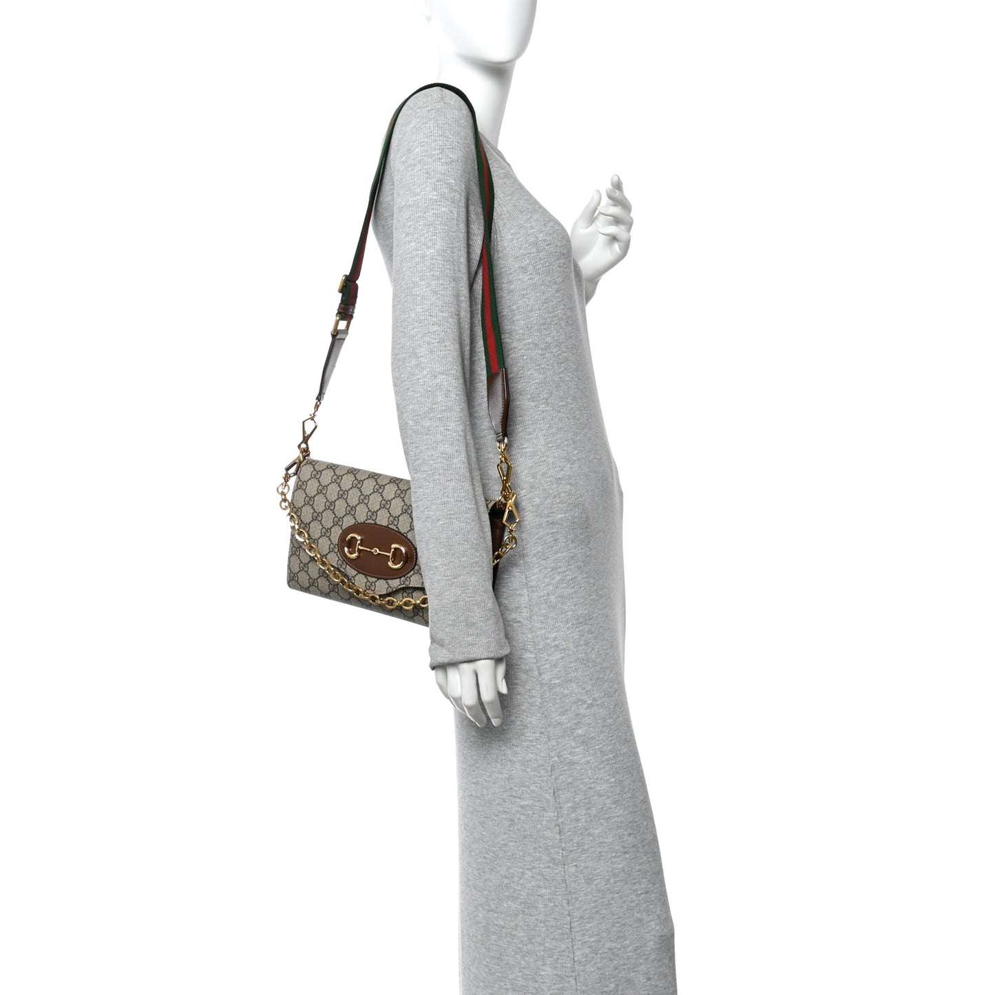 GG Supreme Monogram Azalea Calfskin Web Small Horsebit 1955 Crossbody Bag Beige Ebony Brown Sugar